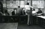Stephen Macomber class crit wall with drawings and students, Howell Collection 1953, image #2 by Experimental and Foundation Studies Division